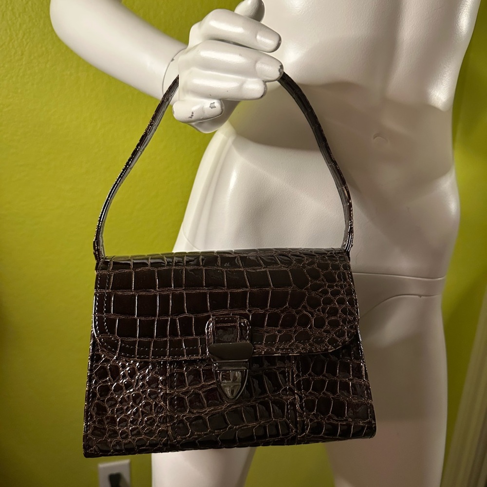 Brown Faux Crocodile Print Handbag with Brown Polka Dot Lining